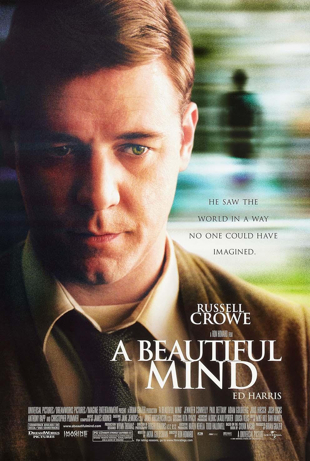 Official poster for the film A Beautiful Mind showing a close-up of Russell Crowe as John Nash with a quote on a textured background.