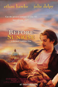 Original movie poster for Before Sunrise showing Jesse (Ethan Hawke) holding Celine (Julie Delpy) against a scenic European skyline at sunset.