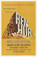 Original 1959 Ben-Hur movie poster showing colossal stone lettering, the chariot race, and Roman architecture on a yellow background.