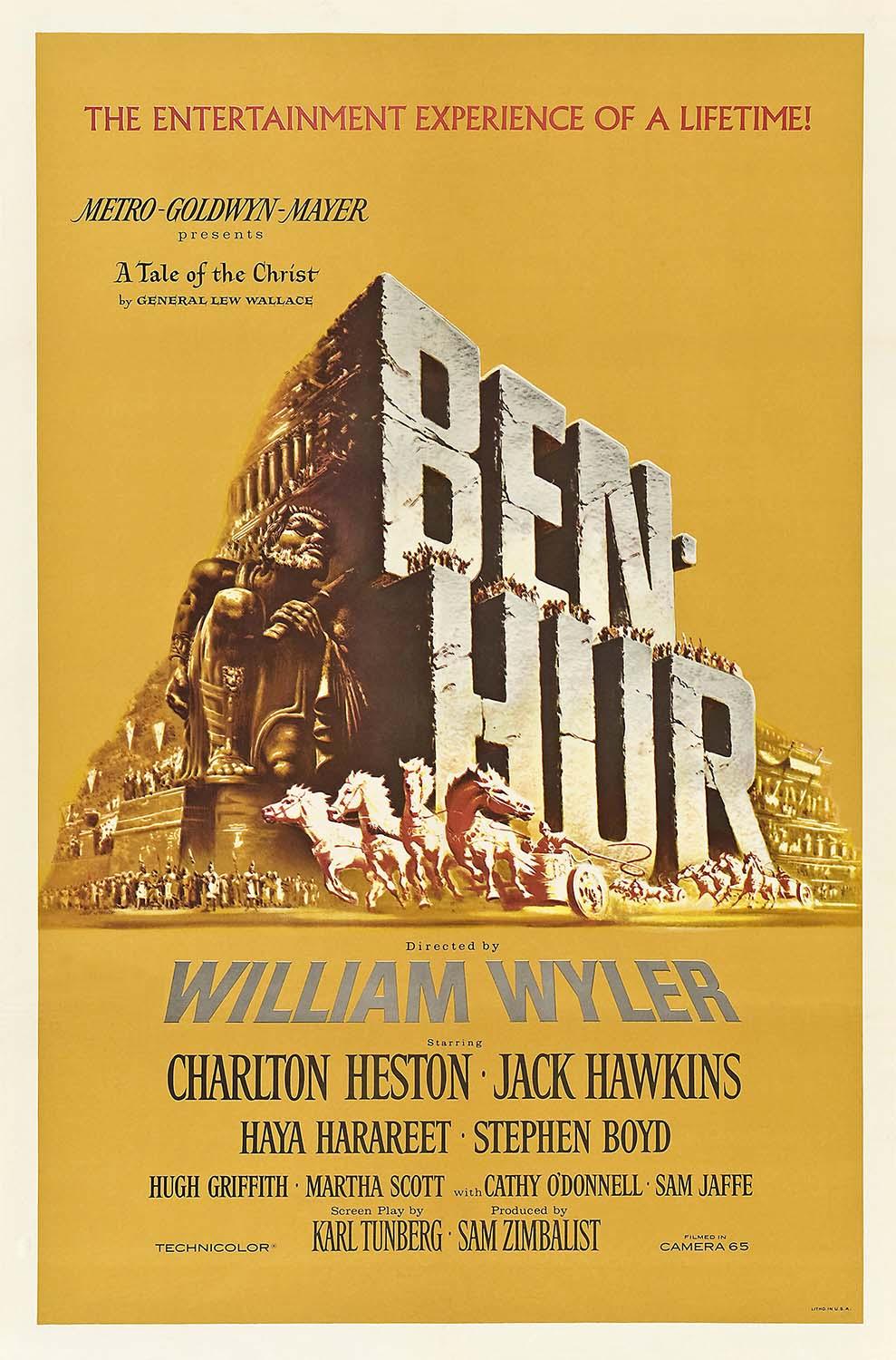 Original 1959 Ben-Hur movie poster showing colossal stone lettering, the chariot race, and Roman architecture on a yellow background.