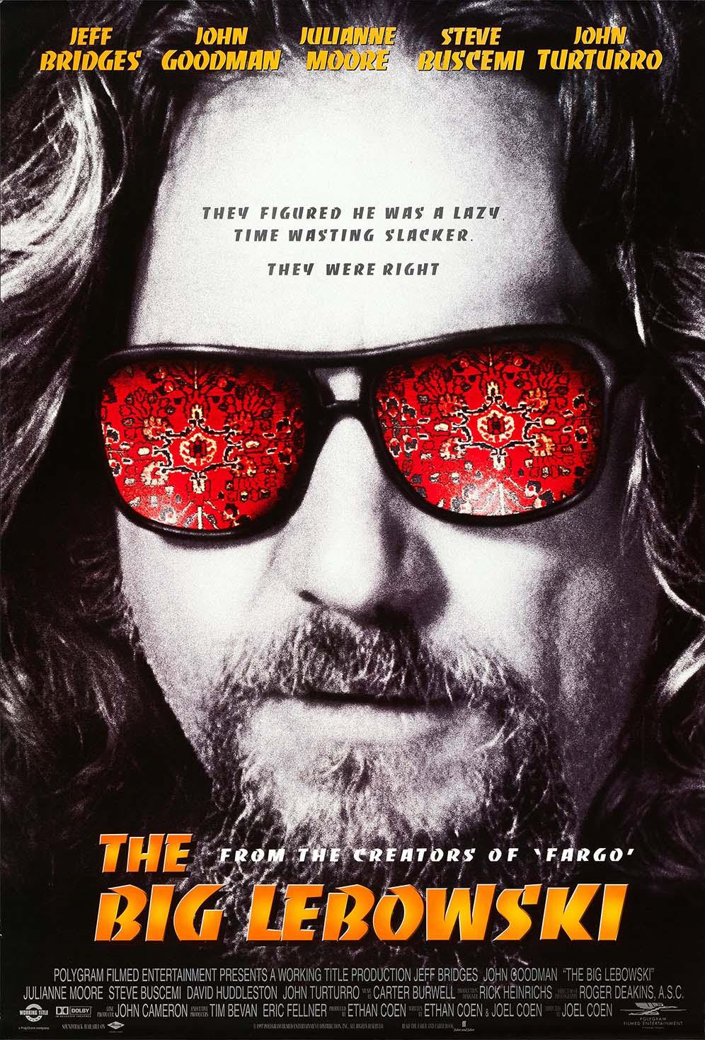 Close-up movie poster of The Dude (Jeff Bridges) from The Big Lebowski, showing the Persian rug reflected in his sunglasses.