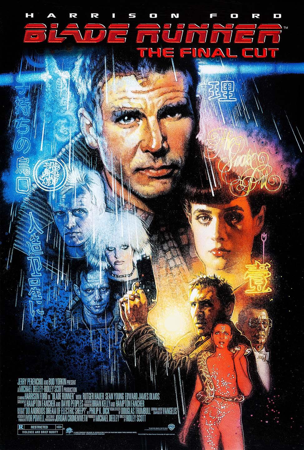 Original theatrical poster for Blade Runner: The Final Cut featuring Harrison Ford and the main cast in a dark, neon-lit, rain-soaked cyberpunk cityscape.