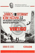 Vintage poster for Vertigo, featuring James Stewart, Kim Novak, and Alfred Hitchcock's image, surrounded by a dizzying graphic spiral design.