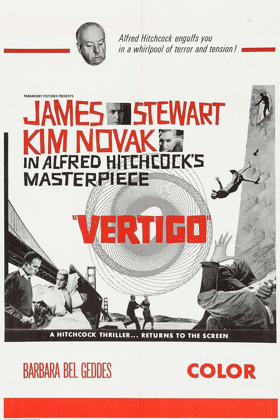Vintage poster for Vertigo, featuring James Stewart, Kim Novak, and Alfred Hitchcock's image, surrounded by a dizzying graphic spiral design.