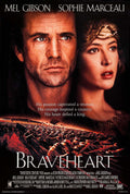 Close-up of Mel Gibson as William Wallace and Sophie Marceau over an image of the Scottish army charging in the original Braveheart movie poster.