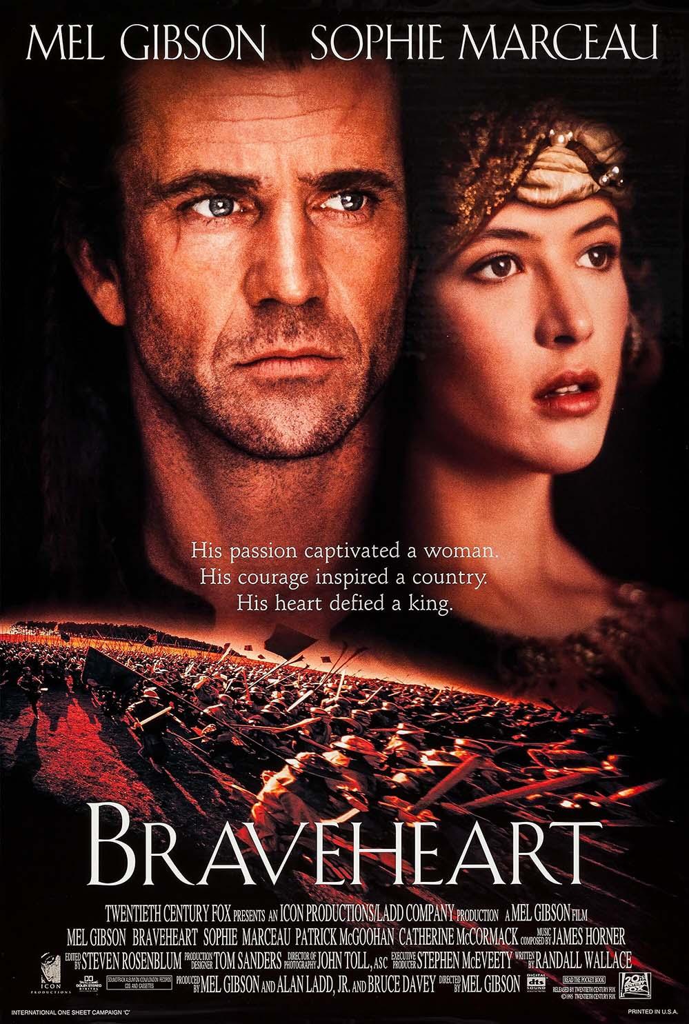 Close-up of Mel Gibson as William Wallace and Sophie Marceau over an image of the Scottish army charging in the original Braveheart movie poster.