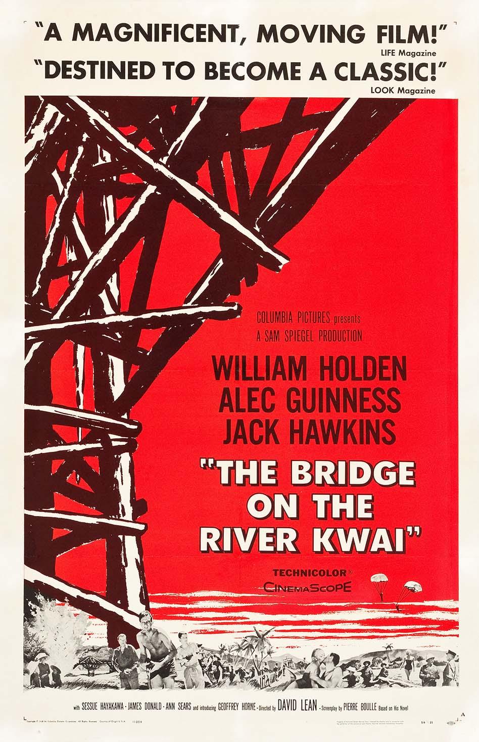 Original vintage poster for the 1957 movie The Bridge on the River Kwai, featuring abstract red background and black bridge structure.