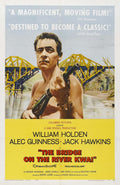 Vintage original movie poster for The Bridge on the River Kwai, showing William Holden holding a rifle against the yellow bridge structure background.