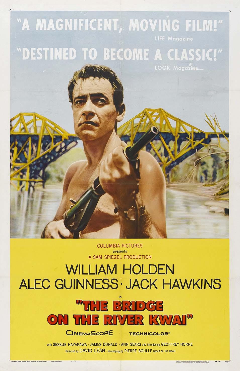 Vintage original movie poster for The Bridge on the River Kwai, showing William Holden holding a rifle against the yellow bridge structure background.