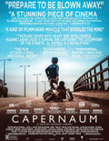 Official Capernaum movie poster showing the young protagonist running across an urban bridge pulling a container with various pans and vessels.