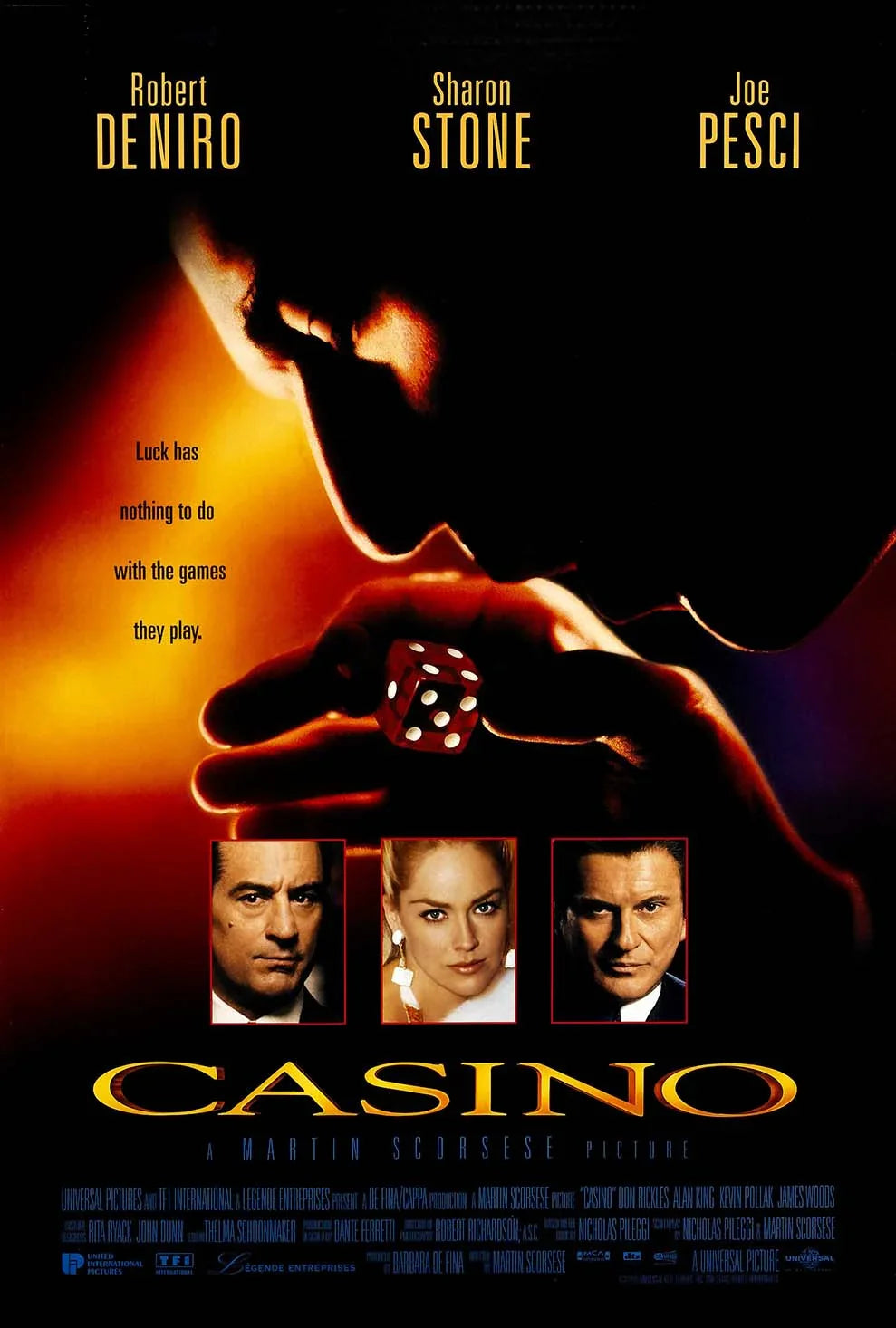 Original Casino movie poster featuring a hand holding dice, silhouetted against a golden glow, with portraits of Robert De Niro, Sharon Stone, and Joe Pesci below.