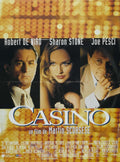 Original release poster for the movie Casino (1995) featuring headshots of actors Robert De Niro, Sharon Stone, and Joe Pesci against a shimmering gold casino background.