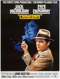 Original 1974 Chinatown movie poster art showing Jack Nicholson as J.J. Gittes smoking, overlaid on a blue image of Faye Dunaway holding a gun.