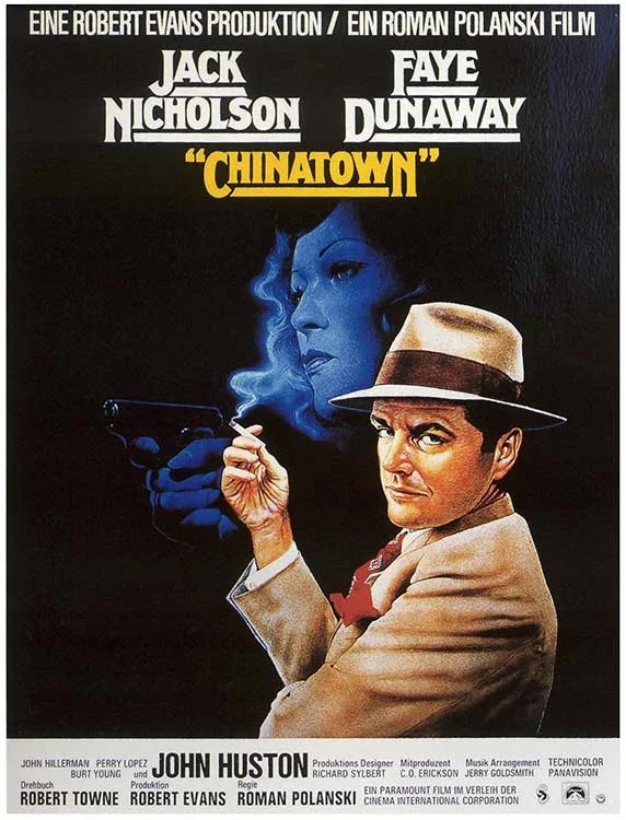 Original 1974 Chinatown movie poster art showing Jack Nicholson as J.J. Gittes smoking, overlaid on a blue image of Faye Dunaway holding a gun.