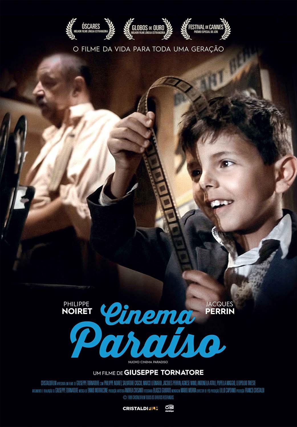 Iconic Cinema Paradiso movie poster showing young Salvatore smiling while holding a strip of vintage film reel.
