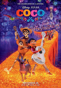 Official Coco movie poster showing Miguel, Hector, and Dante walking on the glowing orange marigold bridge in the Land of the Dead with fireworks above.