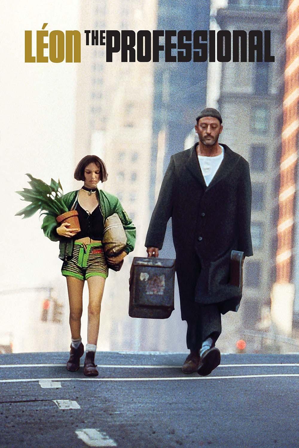Movie poster for Léon: The Professional featuring Jean Reno as Léon and Natalie Portman as Mathilda walking down a city street, Mathilda carrying a houseplant.