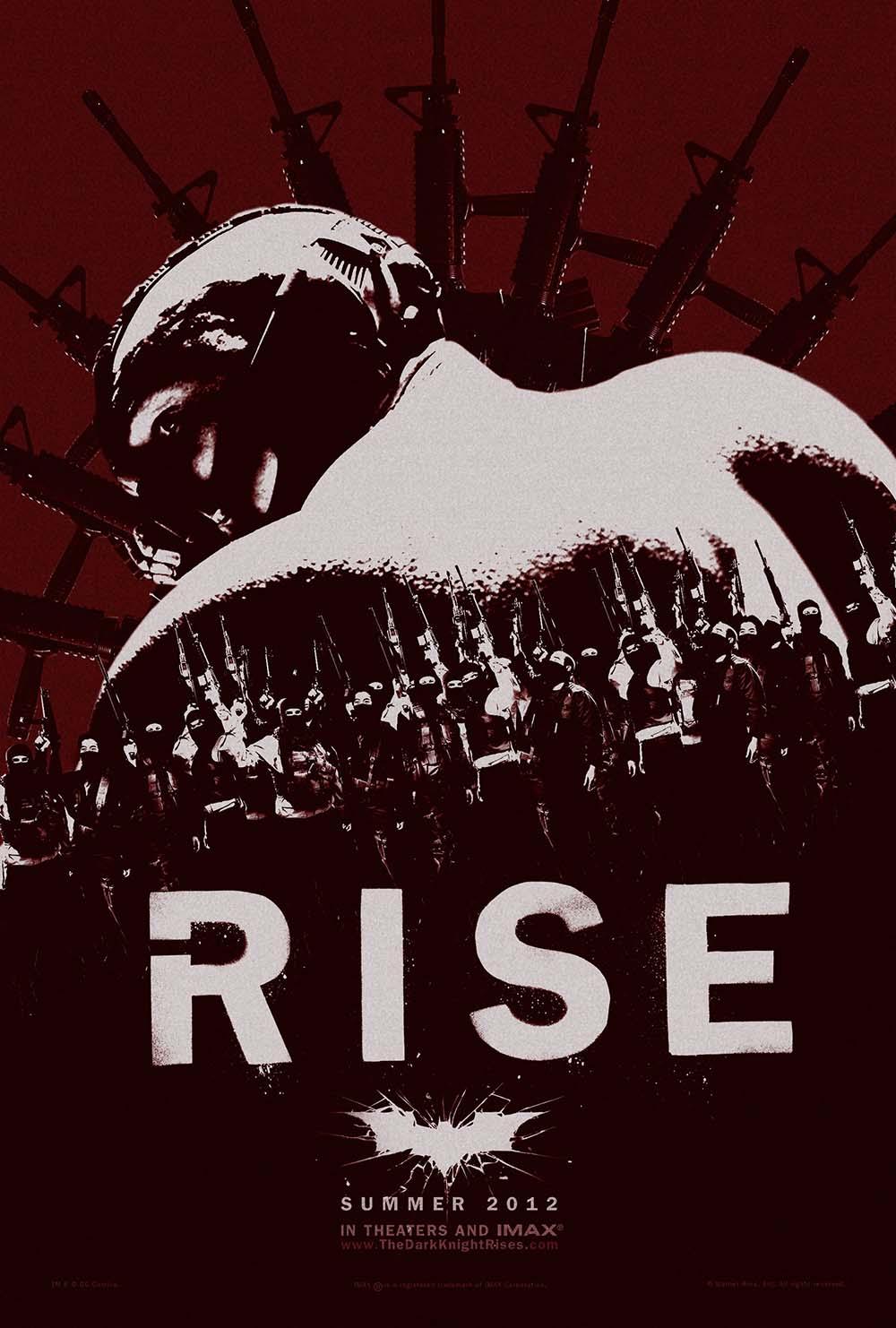Red and white stylized movie poster for The Dark Knight Rises, showing Bane towering over an army of masked soldiers with the word "RISE" below.