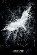 Official Dark Knight Rises movie poster showing the Gotham skyline crumbling and falling away to form the distinct Batman logo silhouette in stark black and white.