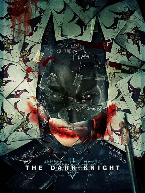 Official promotional poster for The Dark Knight showing a dark collage of Batman's face obscured by Joker cards and propaganda quotes.