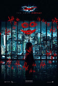 The Dark Knight movie poster showing Batman standing in silhouette against a skyscraper window covered in red Joker graffiti and the Gotham city skyline.