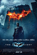 The Dark Knight movie poster featuring Batman standing against a towering skyscraper engulfed in fire shaped like the Bat-symbol, promoting the Christopher Nolan film.