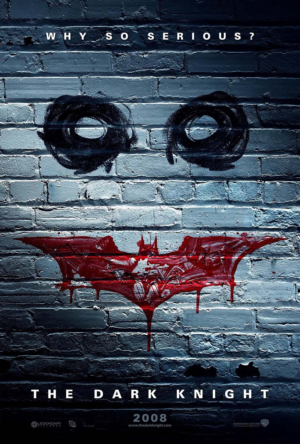 The Dark Knight movie poster featuring the Joker's painted eyes and red Batman logo graffiti on a brick wall with the text "WHY SO SERIOUS?".