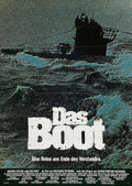 Original theatrical poster for Das Boot showing the dark silhouette of a U-boat cresting rough waves under dramatic, grainy skies.
