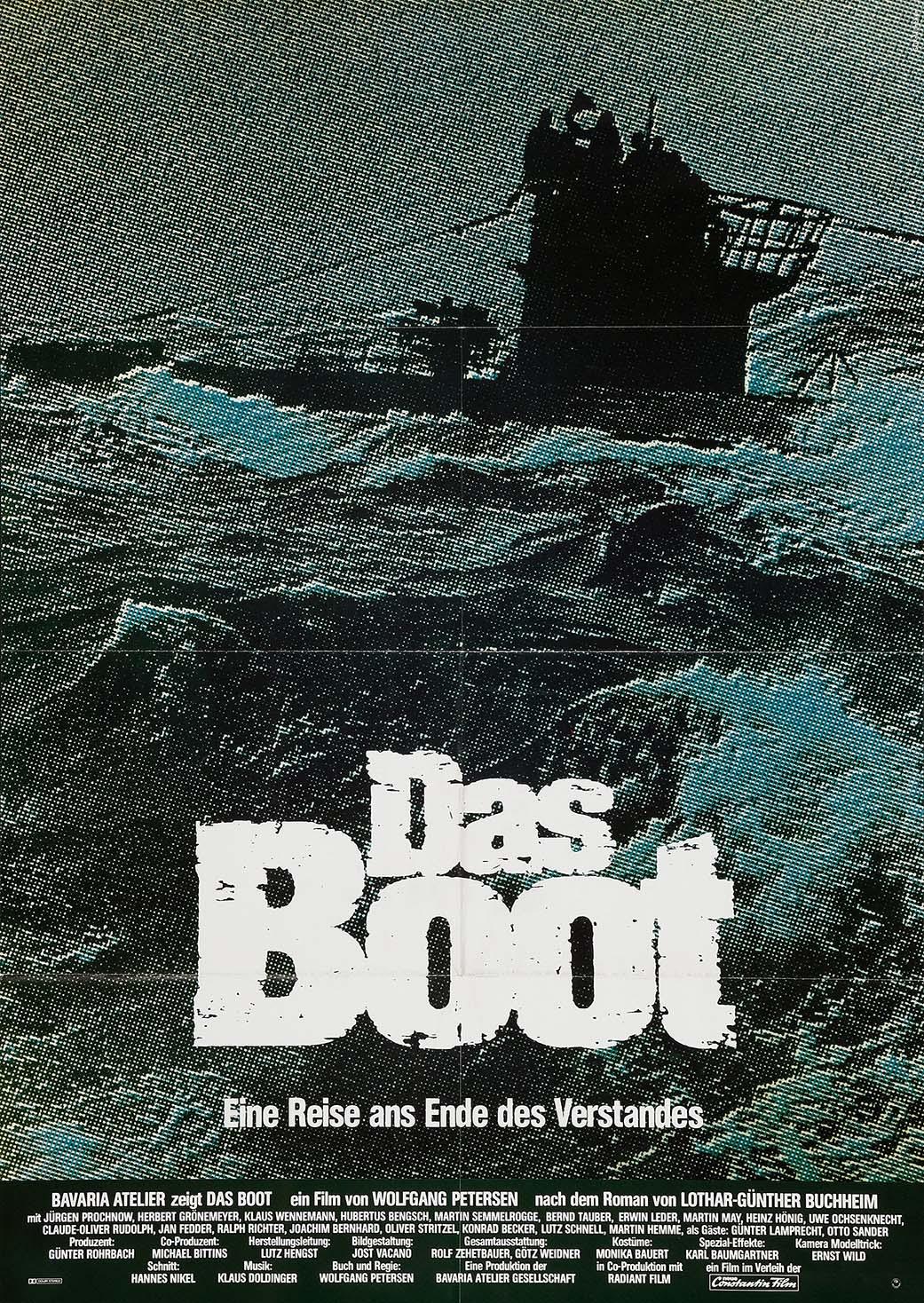 Original theatrical poster for Das Boot showing the dark silhouette of a U-boat cresting rough waves under dramatic, grainy skies.