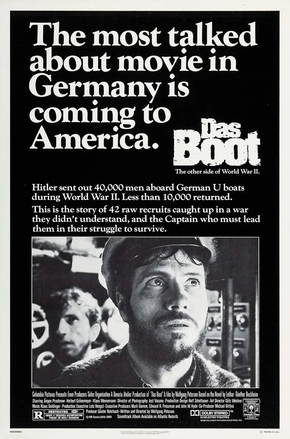 Classic black and white promotional poster for the 1981 war film Das Boot, showing a dramatic close-up of the Captain (Jürgen Prochnow).