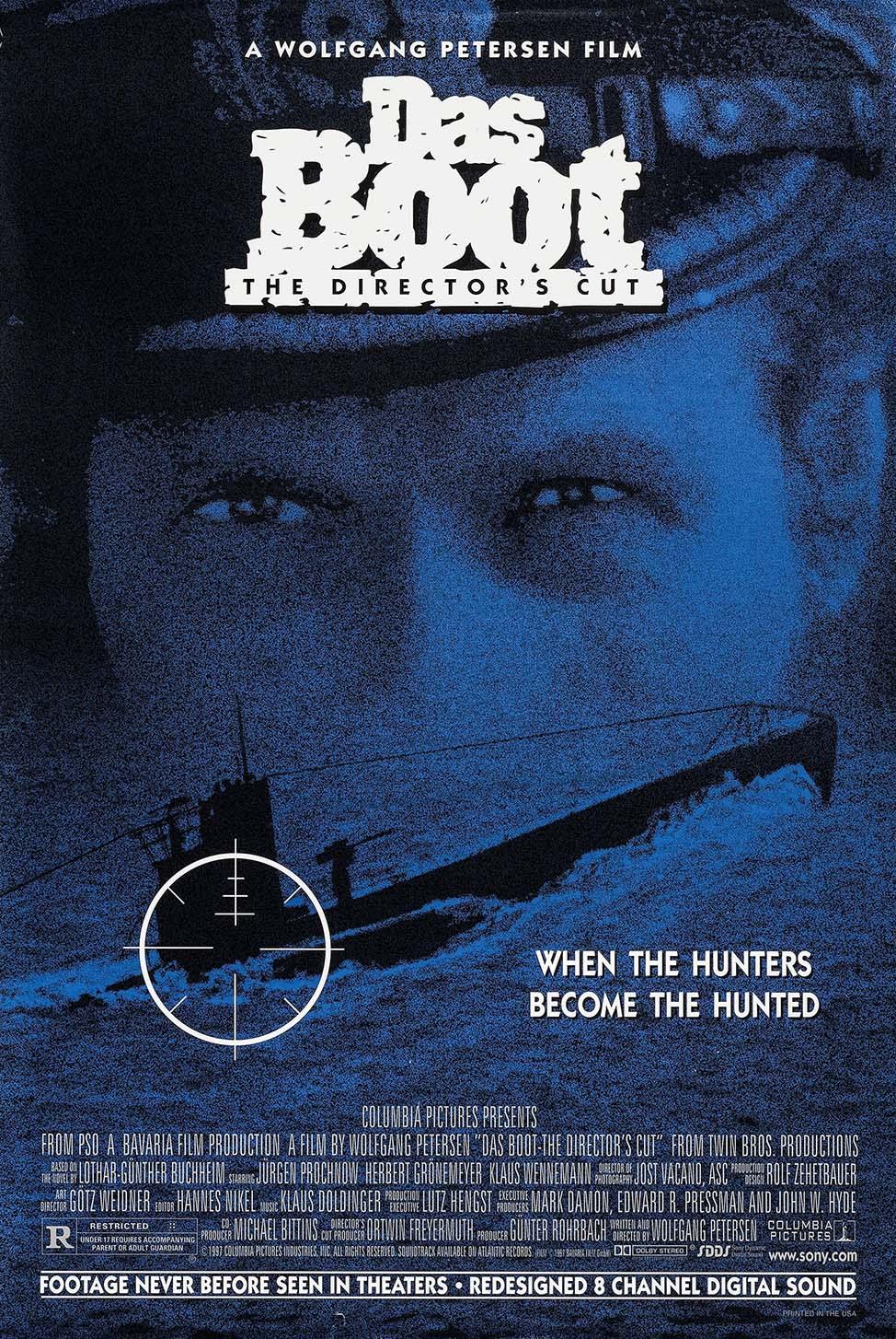 Official poster for Das Boot: The Director's Cut, featuring a U-boat captain's intense eyes and a submarine silhouette under deep blue light and crosshairs.