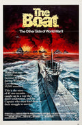 Vintage Das Boot movie poster illustration showing the German submarine U-96 sailing through rough, explosion-lit seas during World War II.