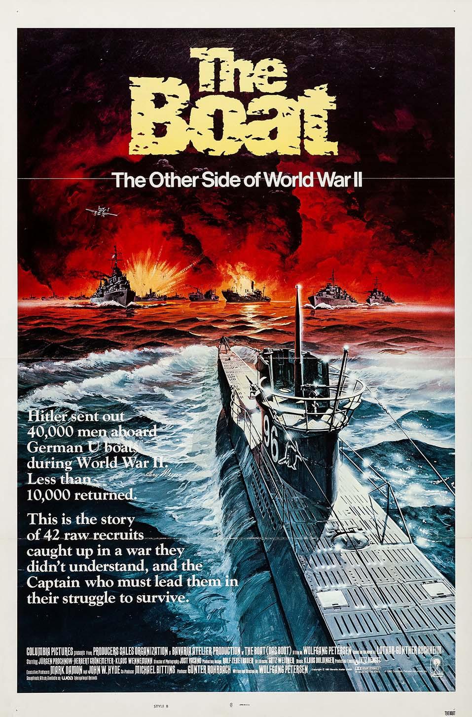 Vintage Das Boot movie poster illustration showing the German submarine U-96 sailing through rough, explosion-lit seas during World War II.