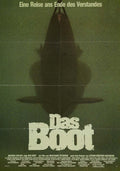 Minimalist vintage movie poster for Das Boot showing the dark silhouette of a U-boat sinking into deep green water under the German title.
