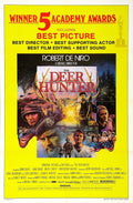 Original movie poster for The Deer Hunter featuring Robert De Niro, Christopher Walken, and Meryl Streep montage against a stark yellow background, highlighting the 5 Academy Awards won.
