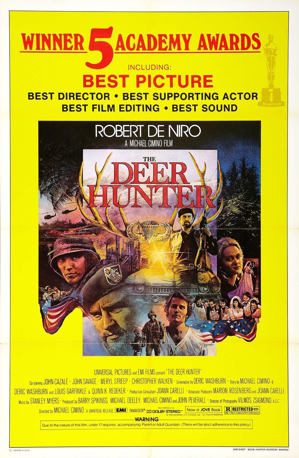 Original movie poster for The Deer Hunter featuring Robert De Niro, Christopher Walken, and Meryl Streep montage against a stark yellow background, highlighting the 5 Academy Awards won.