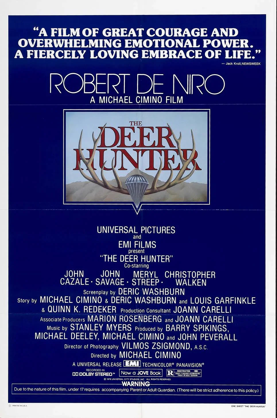 Original theatrical one-sheet poster for The Deer Hunter (1978), featuring the iconic stag antlers graphic and primary cast list including Robert De Niro.