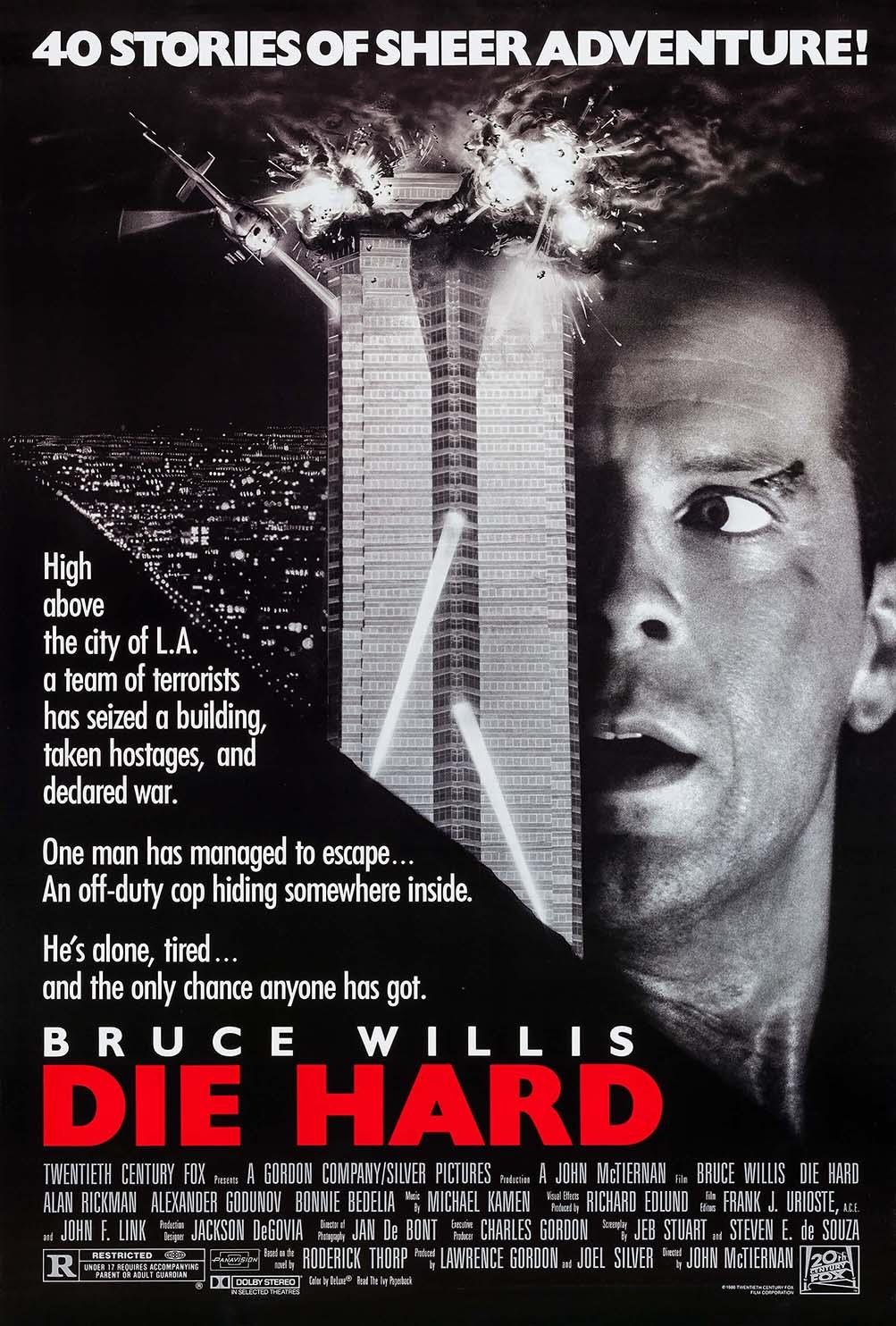Original theatrical poster for Die Hard (1988) showing Bruce Willis's panicked face next to the exploding Nakatomi Plaza skyscraper and a flying helicopter.