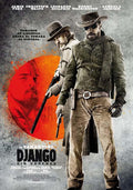 Spanish promotional poster for Django Unchained showing Jamie Foxx and Christoph Waltz holding weapons against a stylized gray and red background.