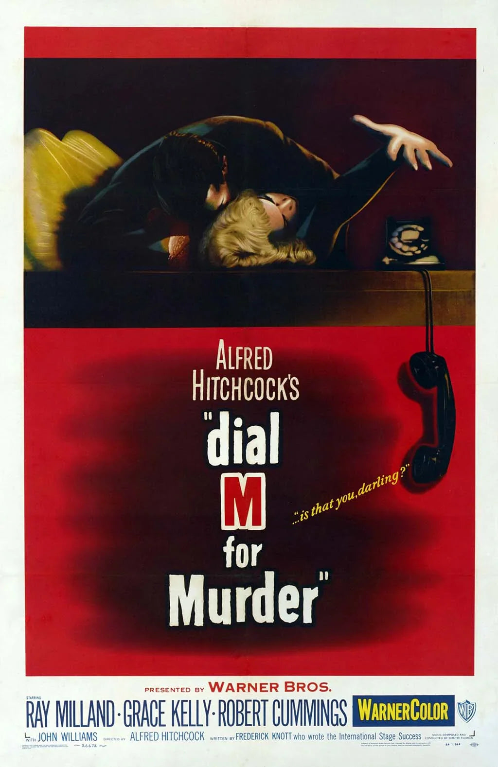 Original theatrical poster for Alfred Hitchcock's Dial M for Murder, showing Grace Kelly and Ray Milland in a desperate struggle next to a hanging black rotary phone.