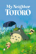 Iconic My Neighbor Totoro movie poster showing Totoro holding an umbrella with Satsuki and Mei in a lush, grassy field under a bright blue sky.