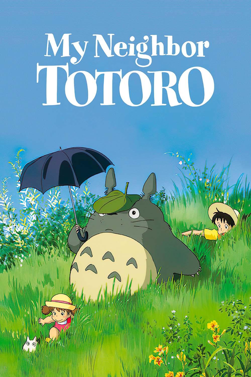 Iconic My Neighbor Totoro movie poster showing Totoro holding an umbrella with Satsuki and Mei in a lush, grassy field under a bright blue sky.