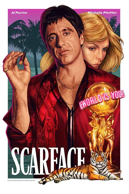 Stylized fan art poster of Scarface featuring Al Pacino as Tony Montana holding a cigar, with Michelle Pfeiffer behind him, and a tiger at the base.