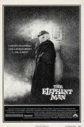 Original black and white movie poster for The Elephant Man featuring John Hurt shrouded in darkness with the famous quote about being a human being.