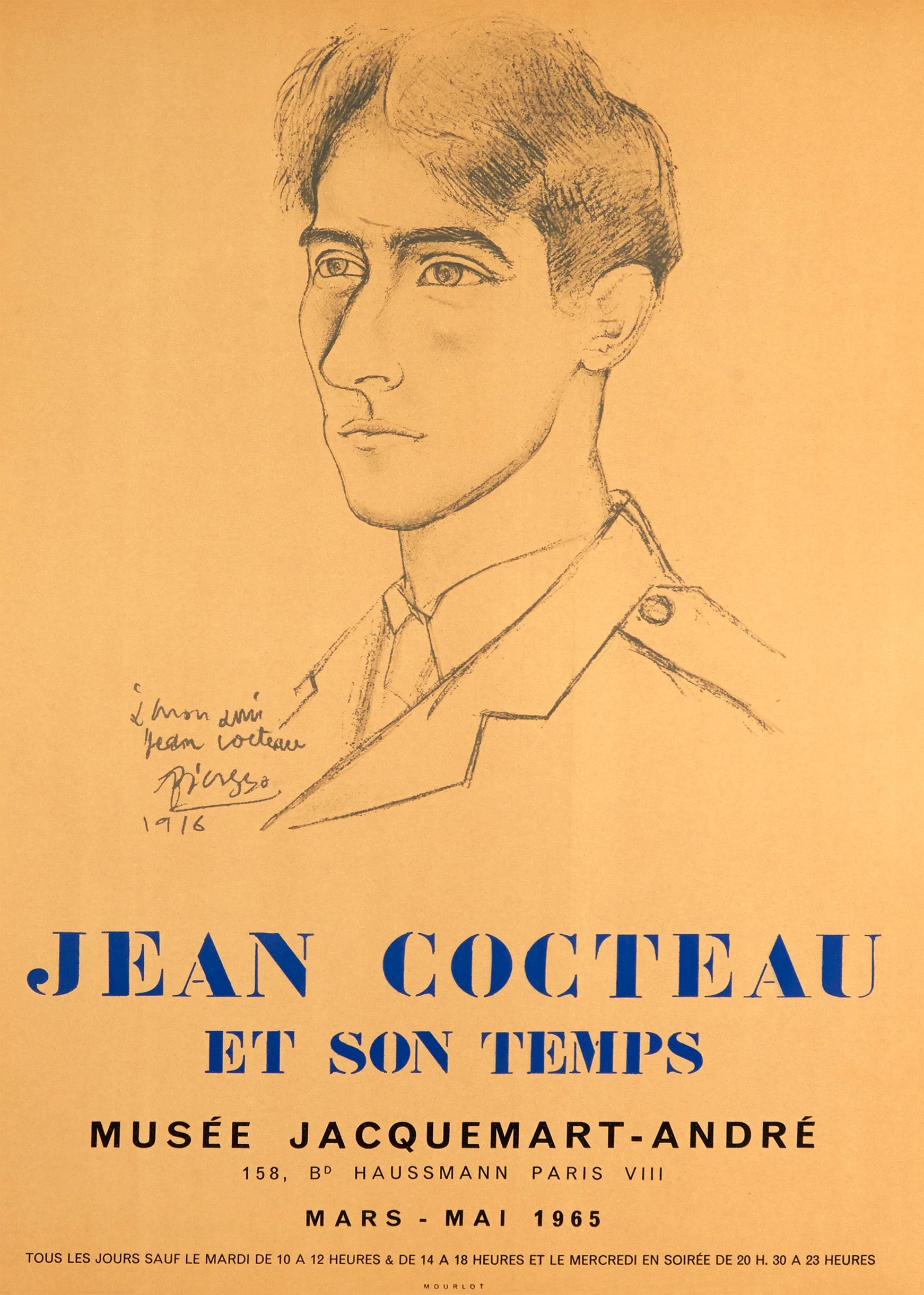Vintage 1965 French exhibition poster on a tan background showing a black charcoal sketch of Jean Cocteau, drawn by Pablo Picasso in 1916.