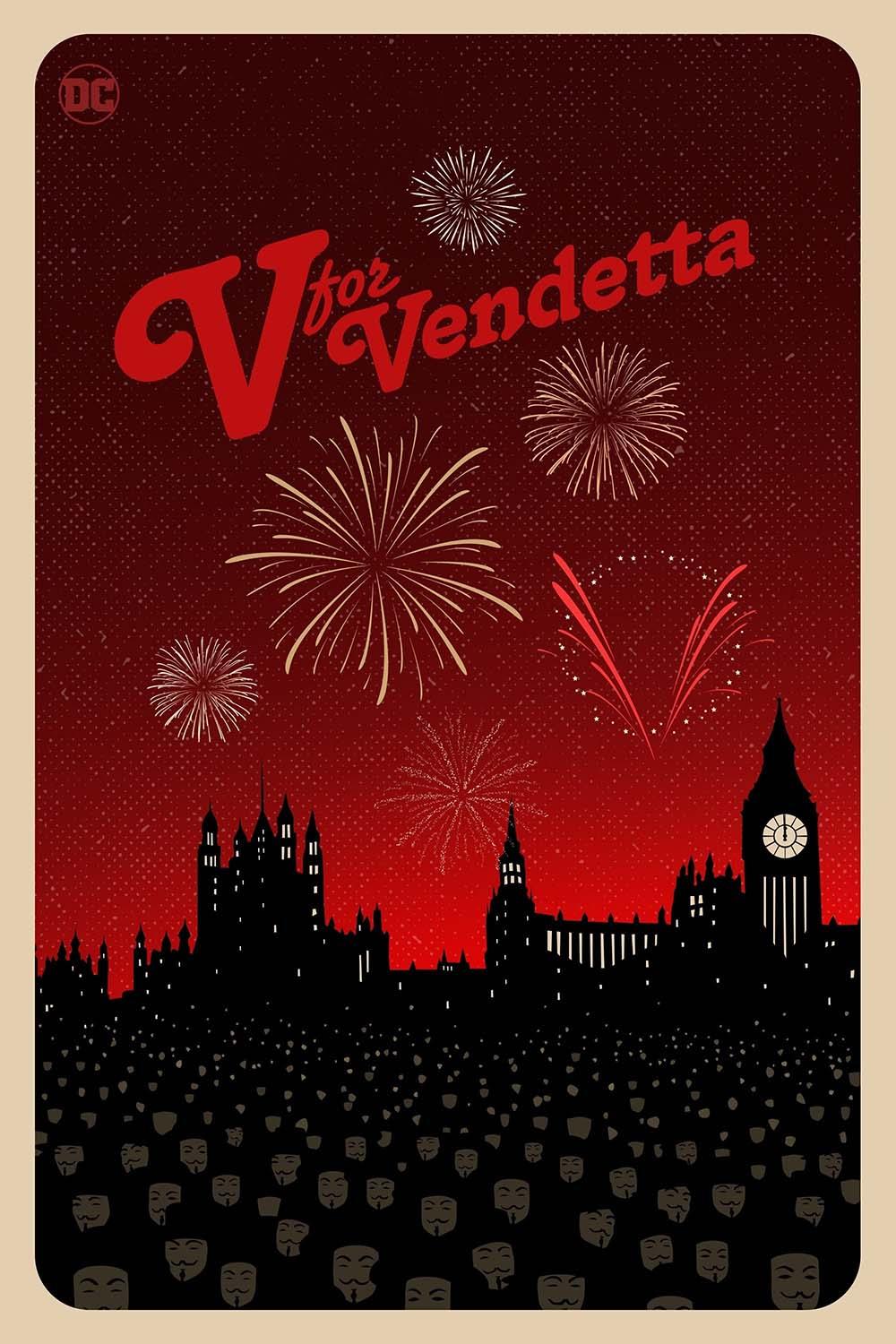 Stylized V for Vendetta movie poster showing the London skyline, fireworks, and a crowd wearing Guy Fawkes masks against a vibrant red sky.