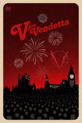 Minimalist V for Vendetta movie poster showing the London skyline (Big Ben) silhouetted against a red sky with fireworks and a large crowd wearing Guy Fawkes masks.