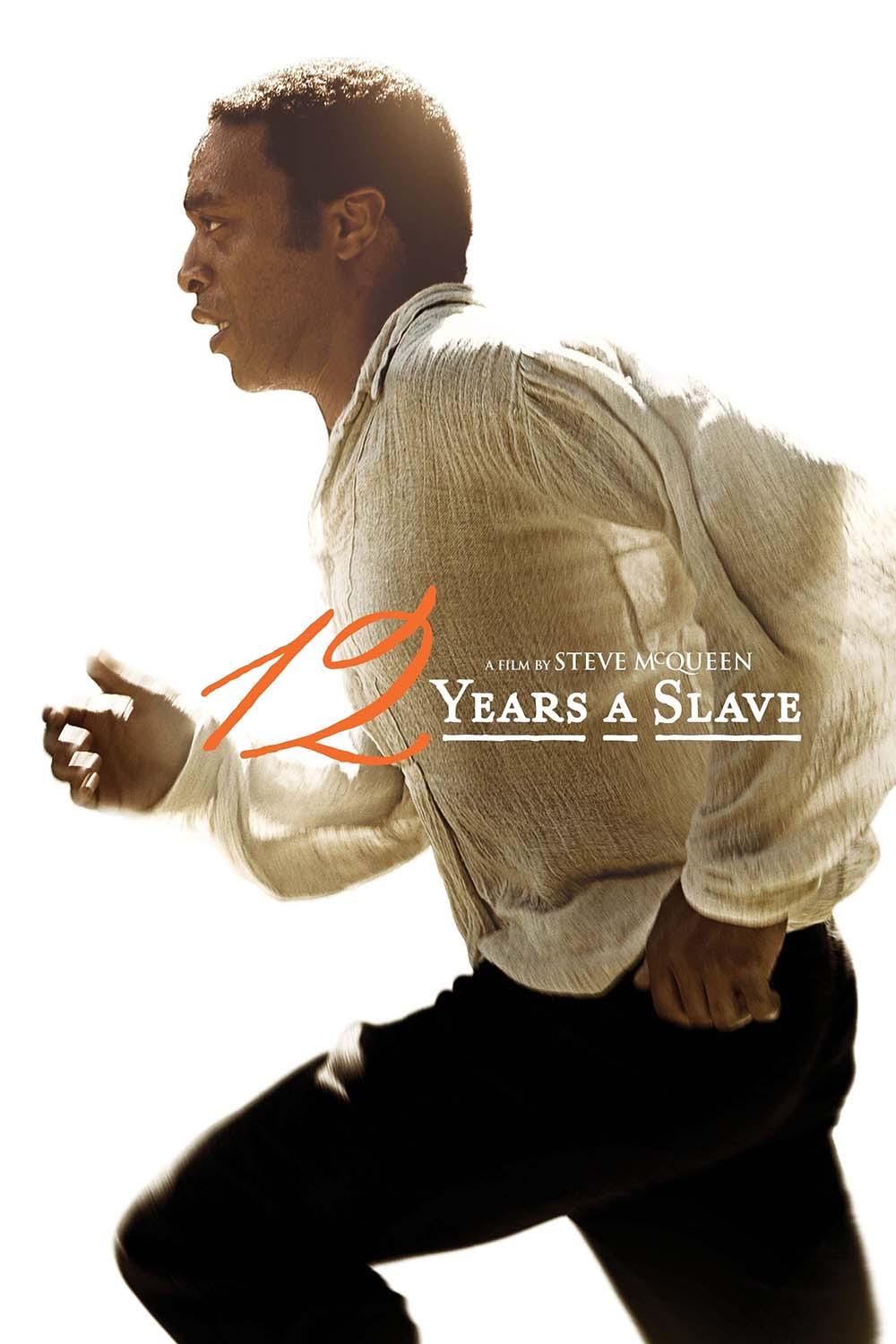 Official movie poster for 12 Years a Slave showing Chiwetel Ejiofor (Solomon Northup) running, illuminated by bright sunlight and stark white background.
