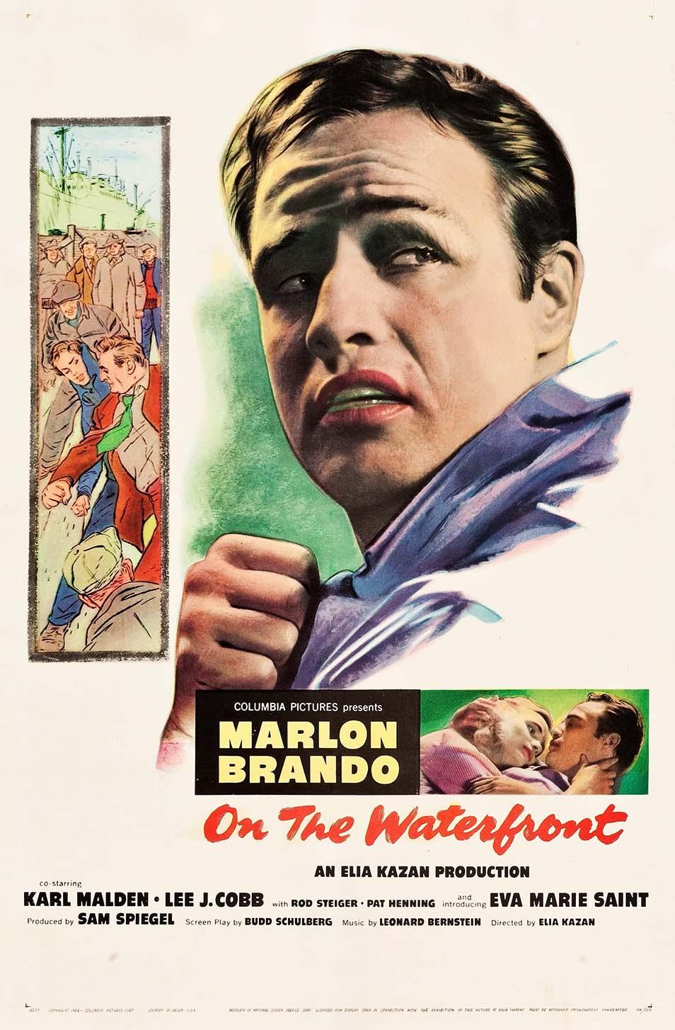 Vintage "On The Waterfront" movie poster featuring a close-up, dramatic illustration of Marlon Brando as Terry Malloy in a classic style.