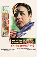 Vintage poster for On The Waterfront showing a large dramatic close-up of Marlon Brando as Terry Malloy with smaller panels of dockworker action.